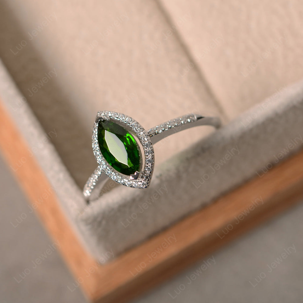 Diopside Ring Marquise Cut Halo Wedding Ring - LUO Jewelry