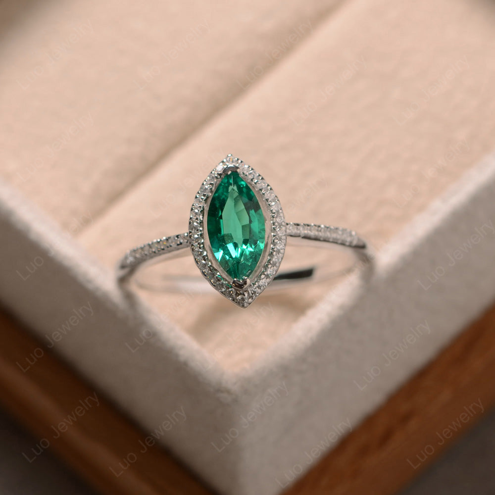 Lab Emerald Ring Marquise Cut Halo Wedding Ring - LUO Jewelry