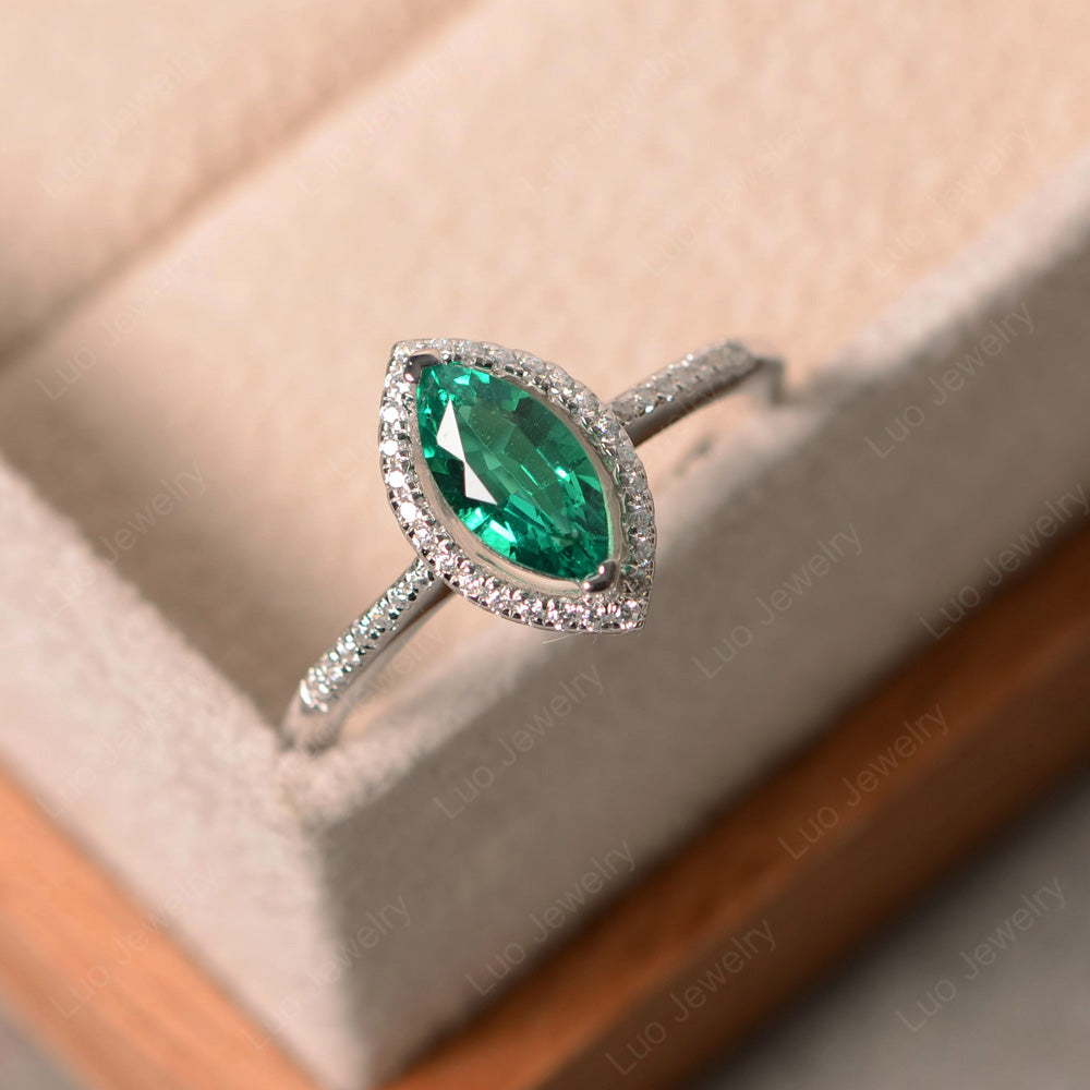 Lab Emerald Ring Marquise Cut Halo Wedding Ring - LUO Jewelry