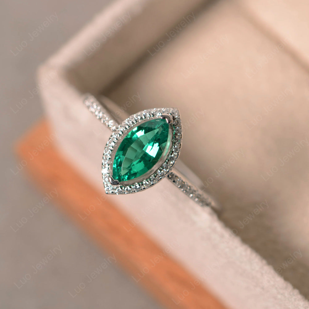 Lab Emerald Ring Marquise Cut Halo Wedding Ring - LUO Jewelry