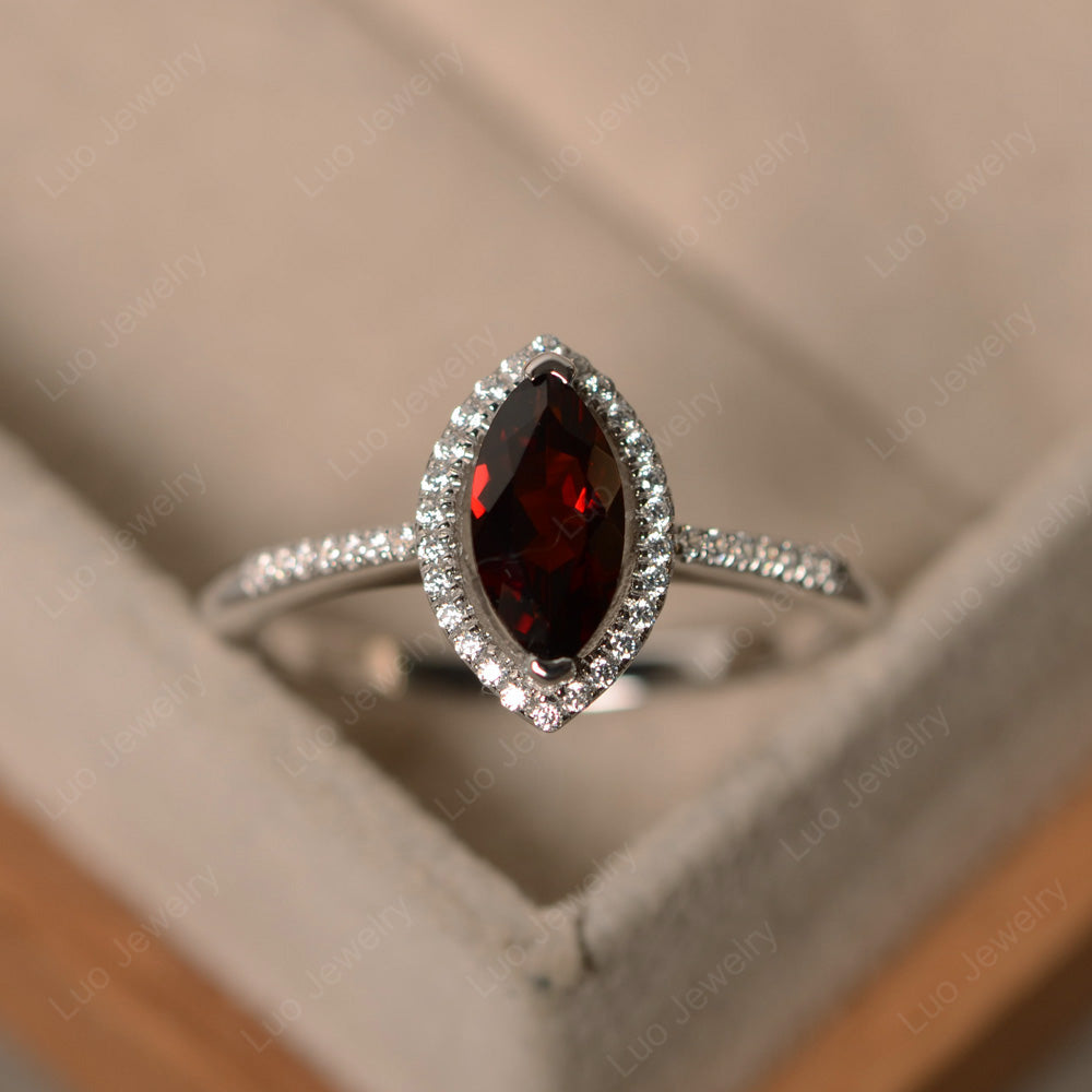 Garnet Ring Marquise Cut Halo Wedding Ring - LUO Jewelry