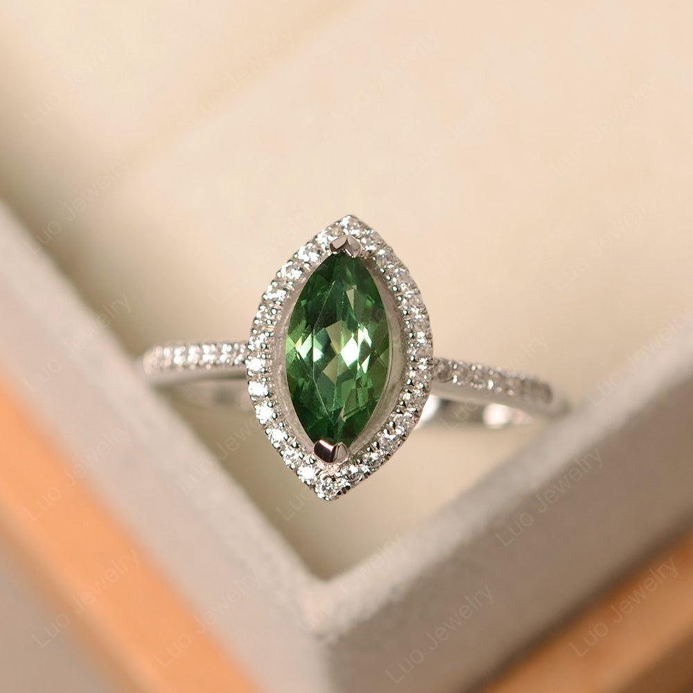 Green Sapphire Ring Marquise Cut Halo Wedding Ring - LUO Jewelry