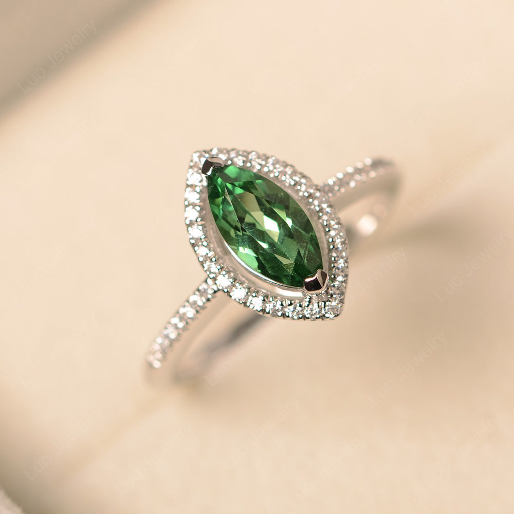 Green Sapphire Ring Marquise Cut Halo Wedding Ring - LUO Jewelry