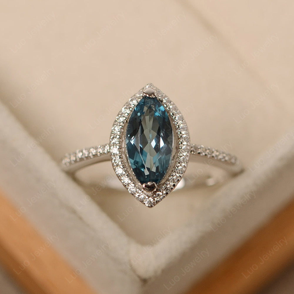 London Blue Topaz Ring Marquise Cut Halo Wedding Ring - LUO Jewelry