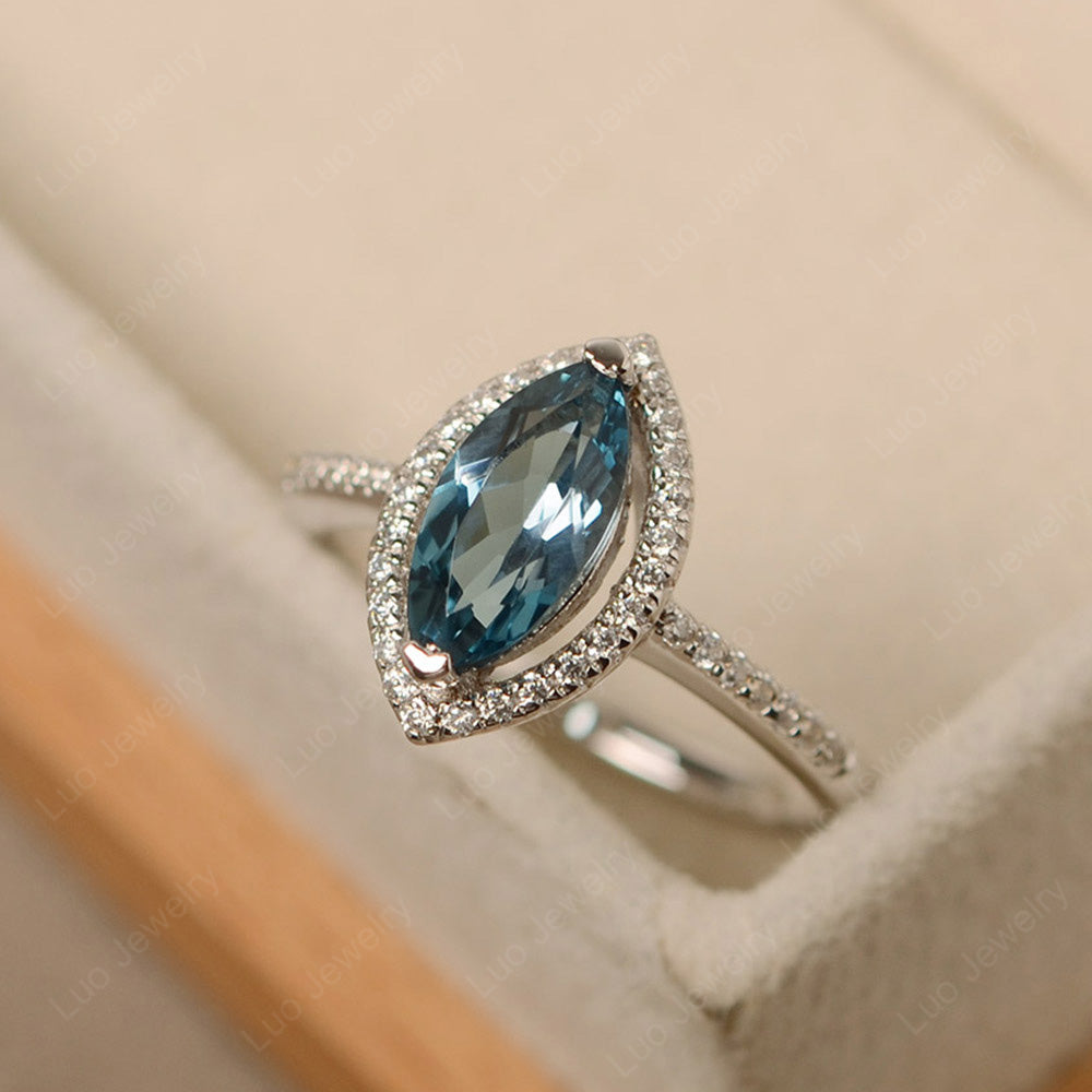 London Blue Topaz Ring Marquise Cut Halo Wedding Ring - LUO Jewelry