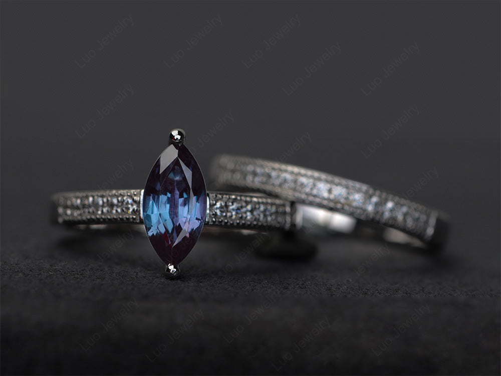 Marquise Cut Bridal Set Alexandrite Ring 2 Prong - LUO Jewelry
