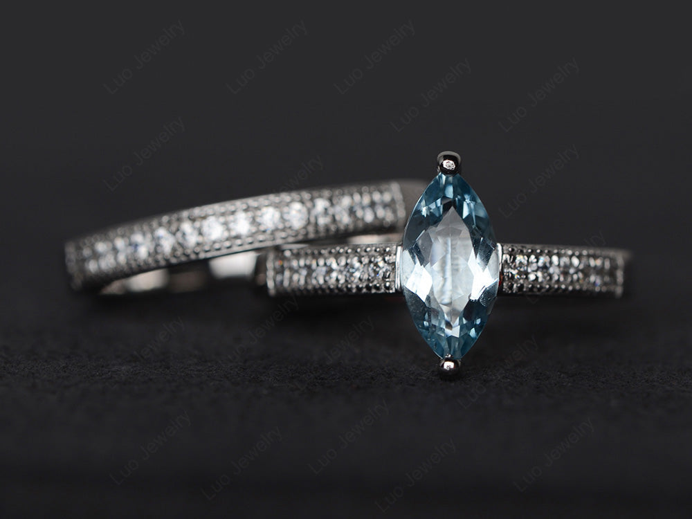 Marquise Cut Bridal Set Aquamarine Ring 2 Prong - LUO Jewelry