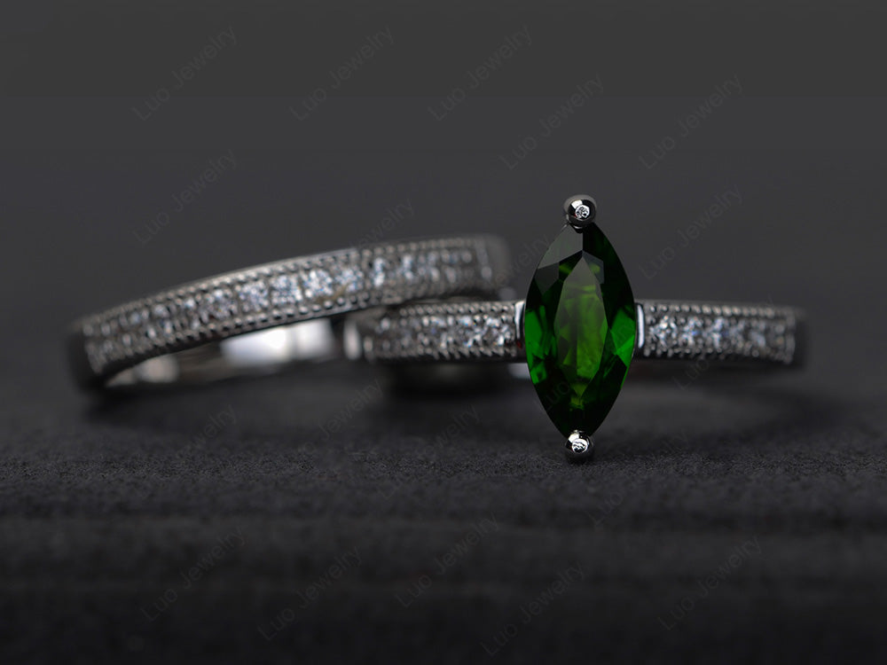Marquise Cut Bridal Set Diopside Ring 2 Prong - LUO Jewelry