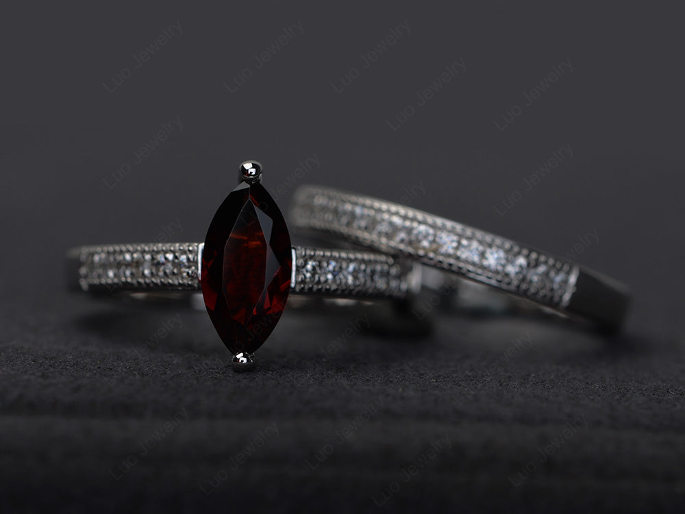 Marquise Cut Bridal Set Garnet Ring 2 Prong - LUO Jewelry