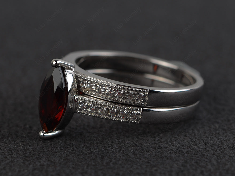 Marquise Cut Bridal Set Garnet Ring 2 Prong - LUO Jewelry