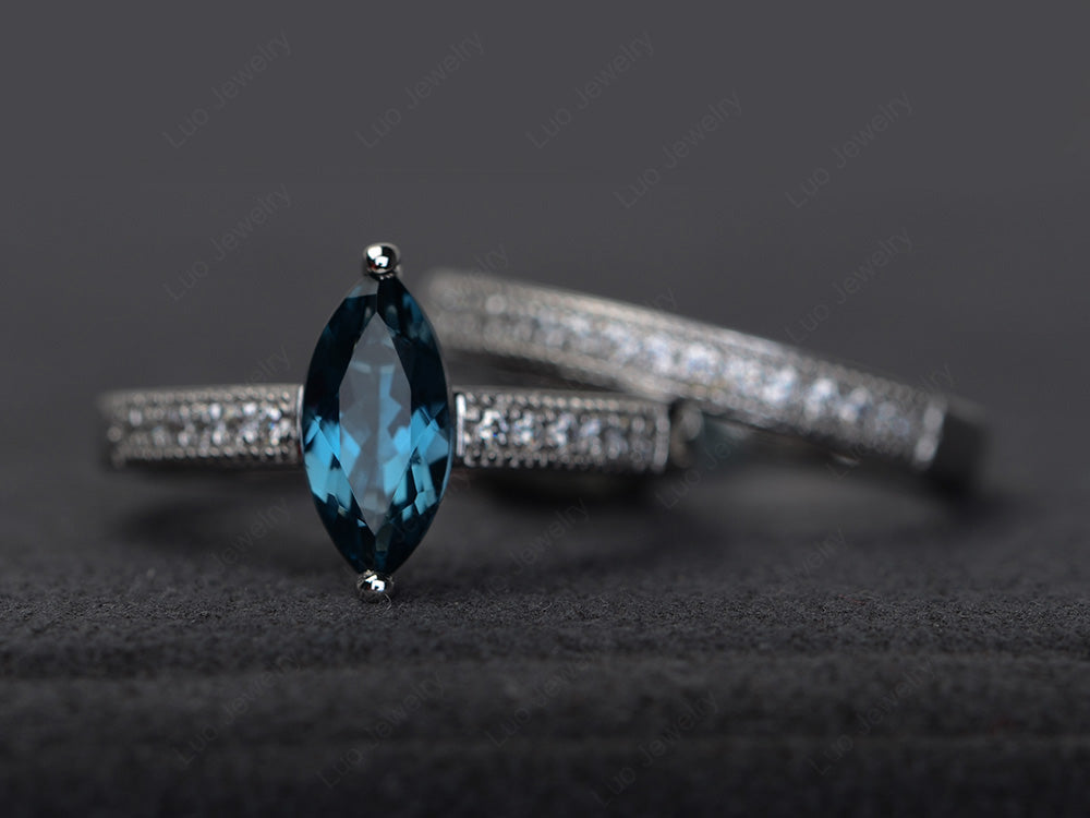 Marquise Cut Bridal Set London Blue Topaz Ring 2 Prong - LUO Jewelry