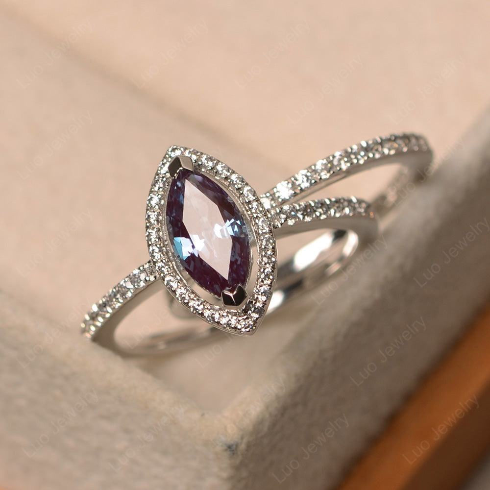 Marquise Cut Alexandrite Ring Halo Bridal Set Ring - LUO Jewelry