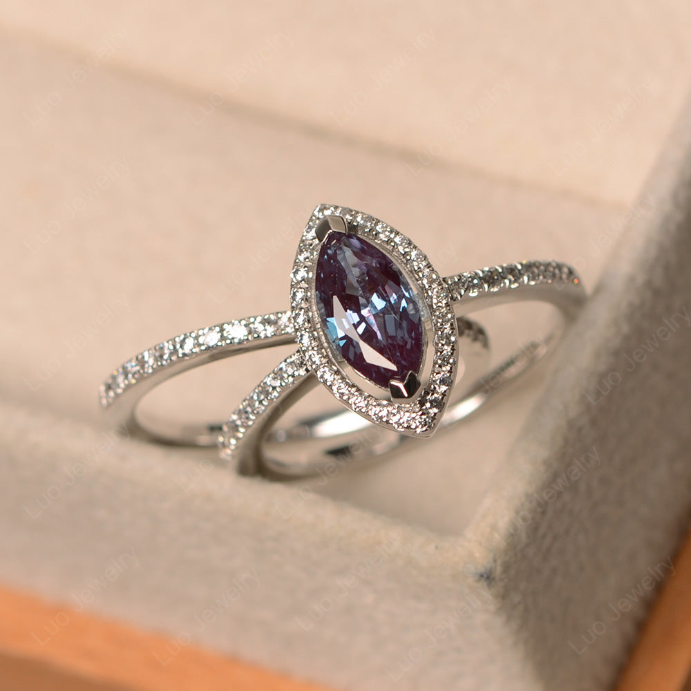 Marquise Cut Alexandrite Ring Halo Bridal Set Ring - LUO Jewelry