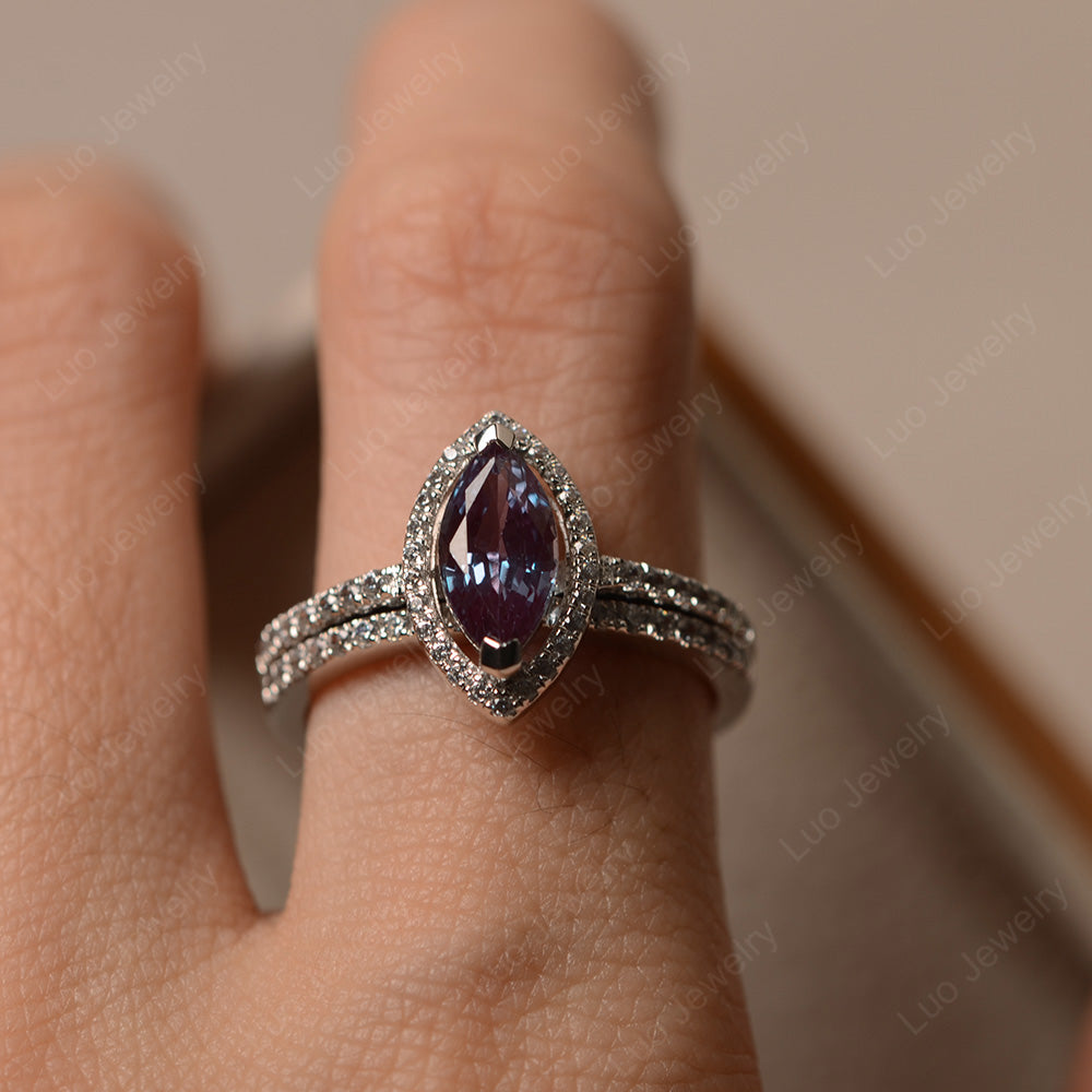 Marquise Cut Alexandrite Ring Halo Bridal Set Ring - LUO Jewelry