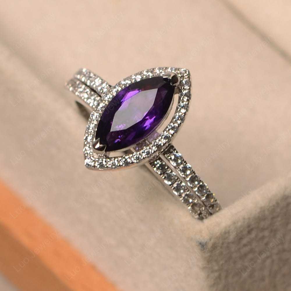 Marquise Cut Amethyst Ring Halo Bridal Set Ring - LUO Jewelry