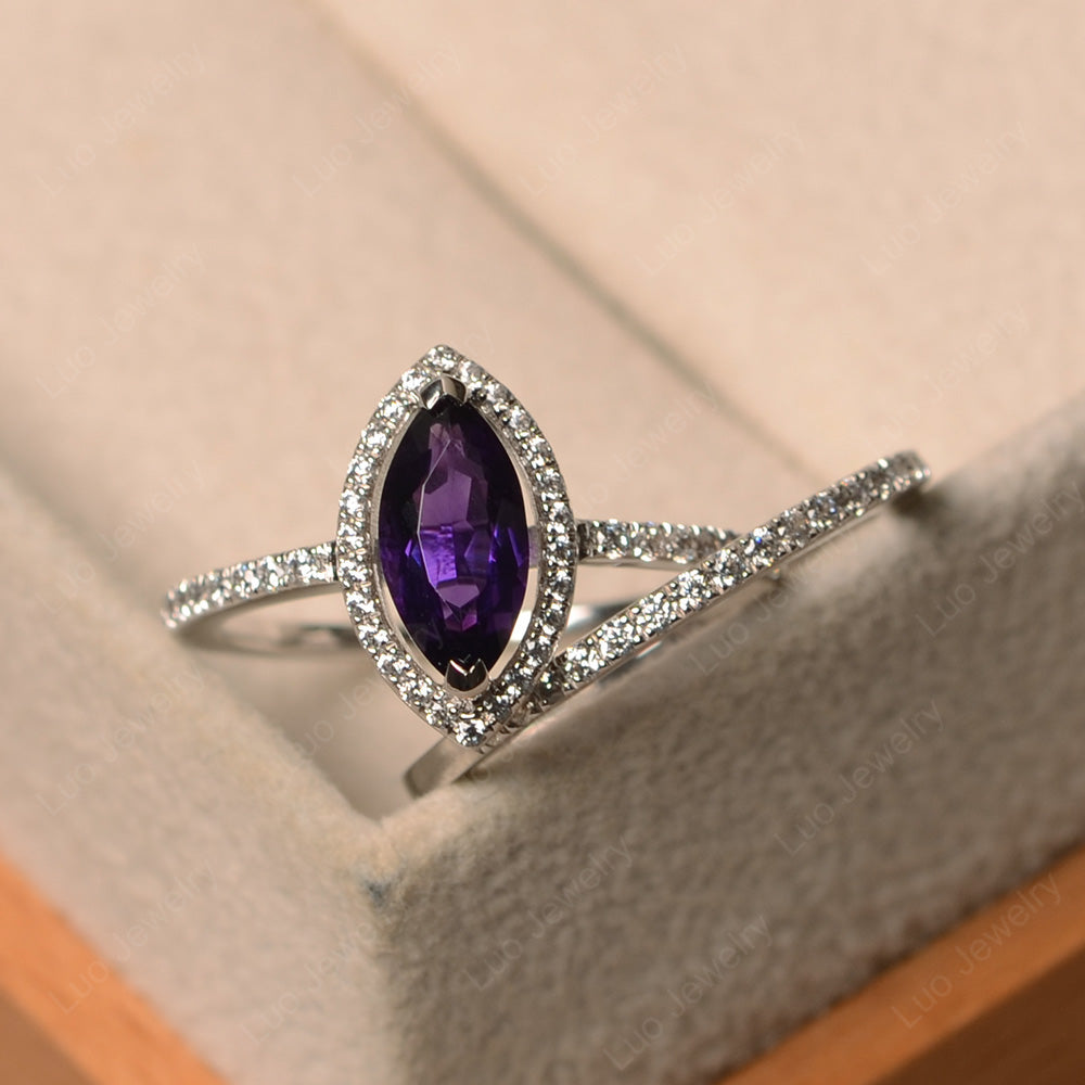 Marquise Cut Amethyst Ring Halo Bridal Set Ring - LUO Jewelry