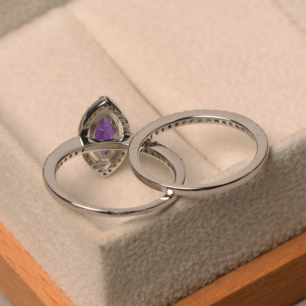 Marquise Cut Amethyst Ring Halo Bridal Set Ring - LUO Jewelry