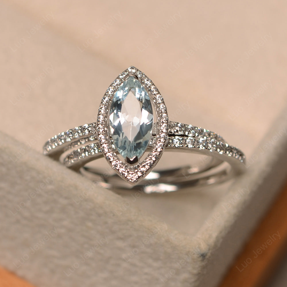 Marquise Cut Aquamarine Ring Halo Bridal Set Ring - LUO Jewelry