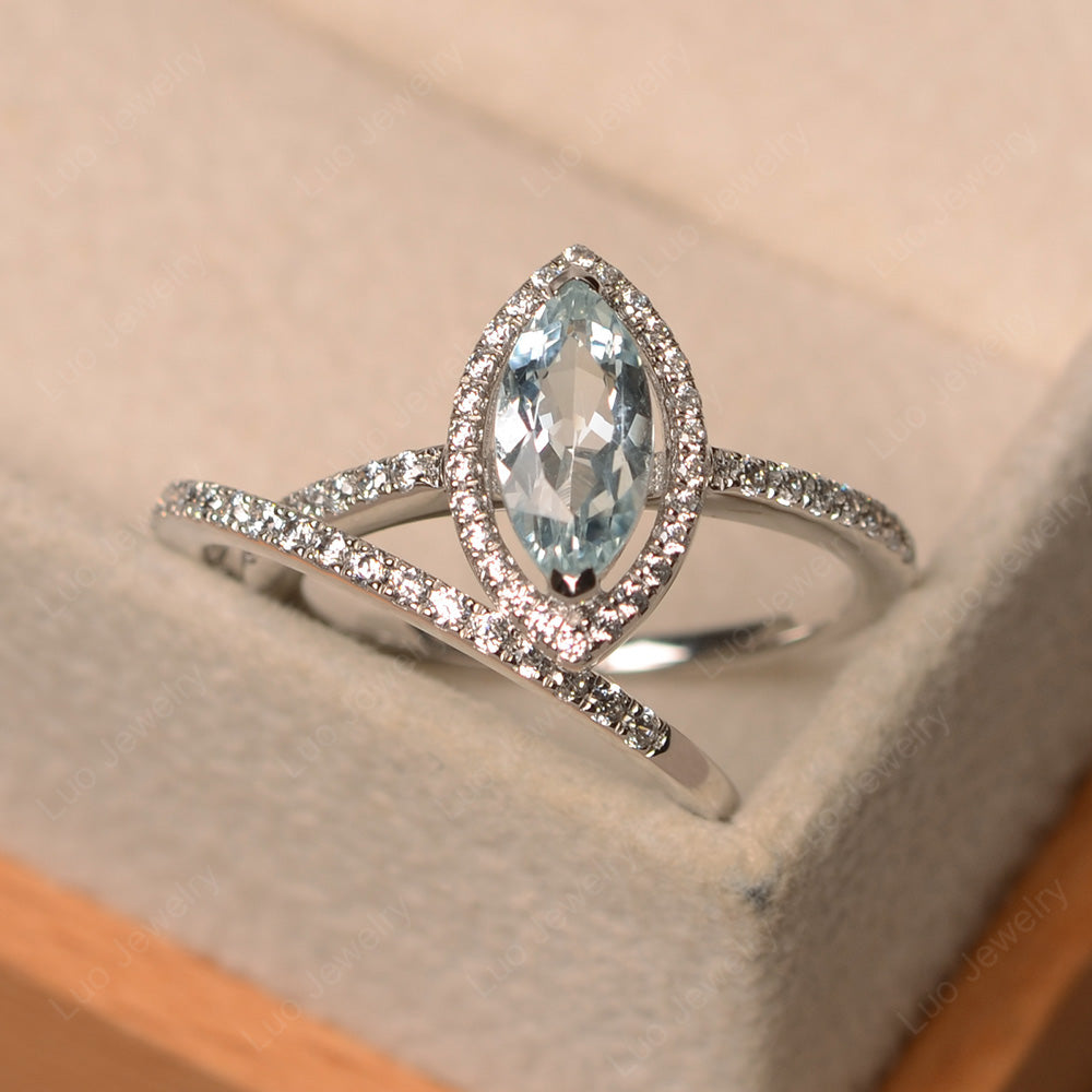 Marquise Cut Aquamarine Ring Halo Bridal Set Ring - LUO Jewelry