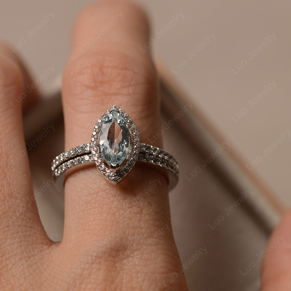 Marquise Cut Aquamarine Ring Halo Bridal Set Ring - LUO Jewelry