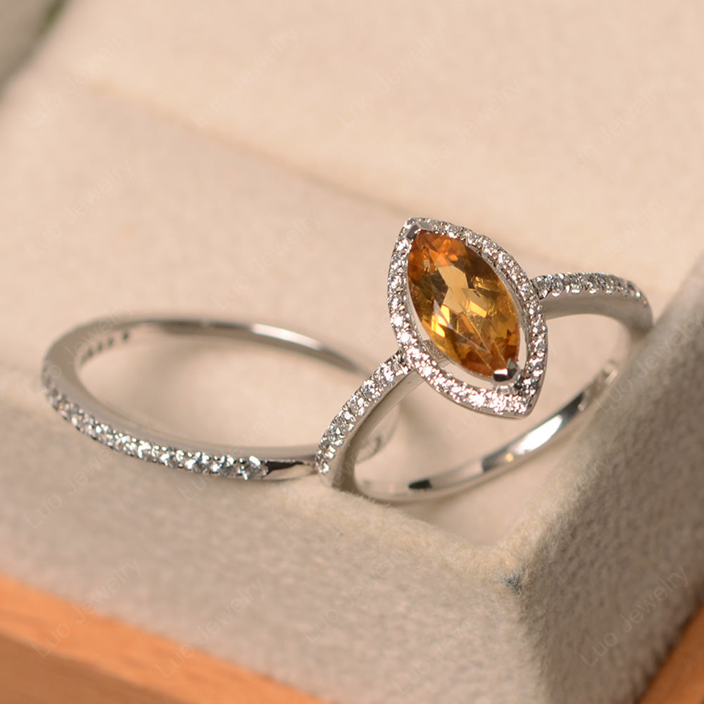 Marquise Cut Citrine Ring Halo Bridal Set Ring - LUO Jewelry