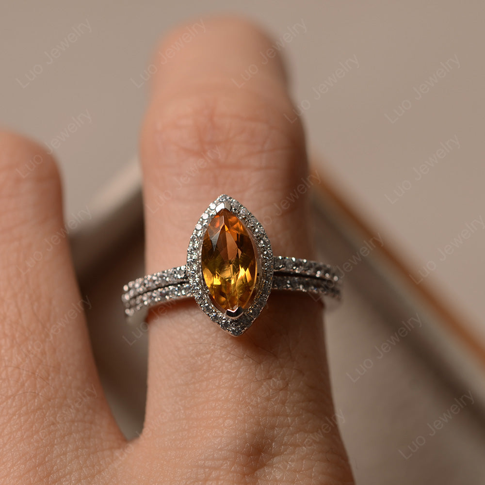 Marquise Cut Citrine Ring Halo Bridal Set Ring - LUO Jewelry