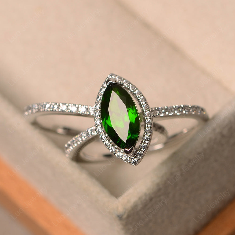Marquise Cut Diopside Ring Halo Bridal Set Ring - LUO Jewelry