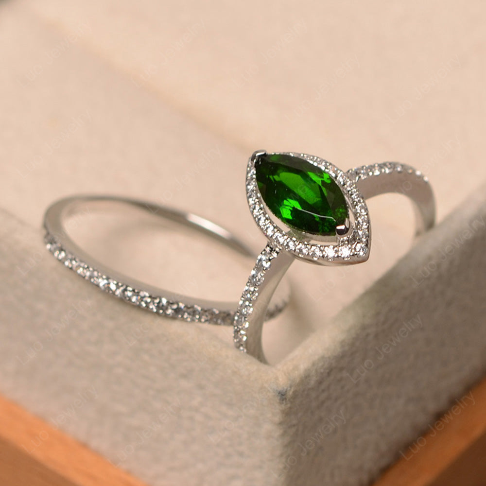 Marquise Cut Diopside Ring Halo Bridal Set Ring - LUO Jewelry