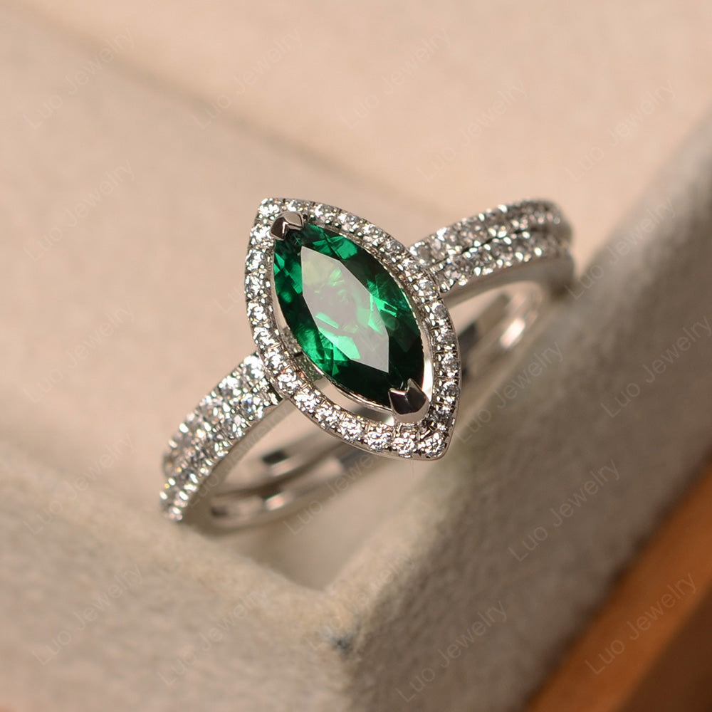 Marquise Cut Lab Emerald Ring Halo Bridal Set Ring - LUO Jewelry