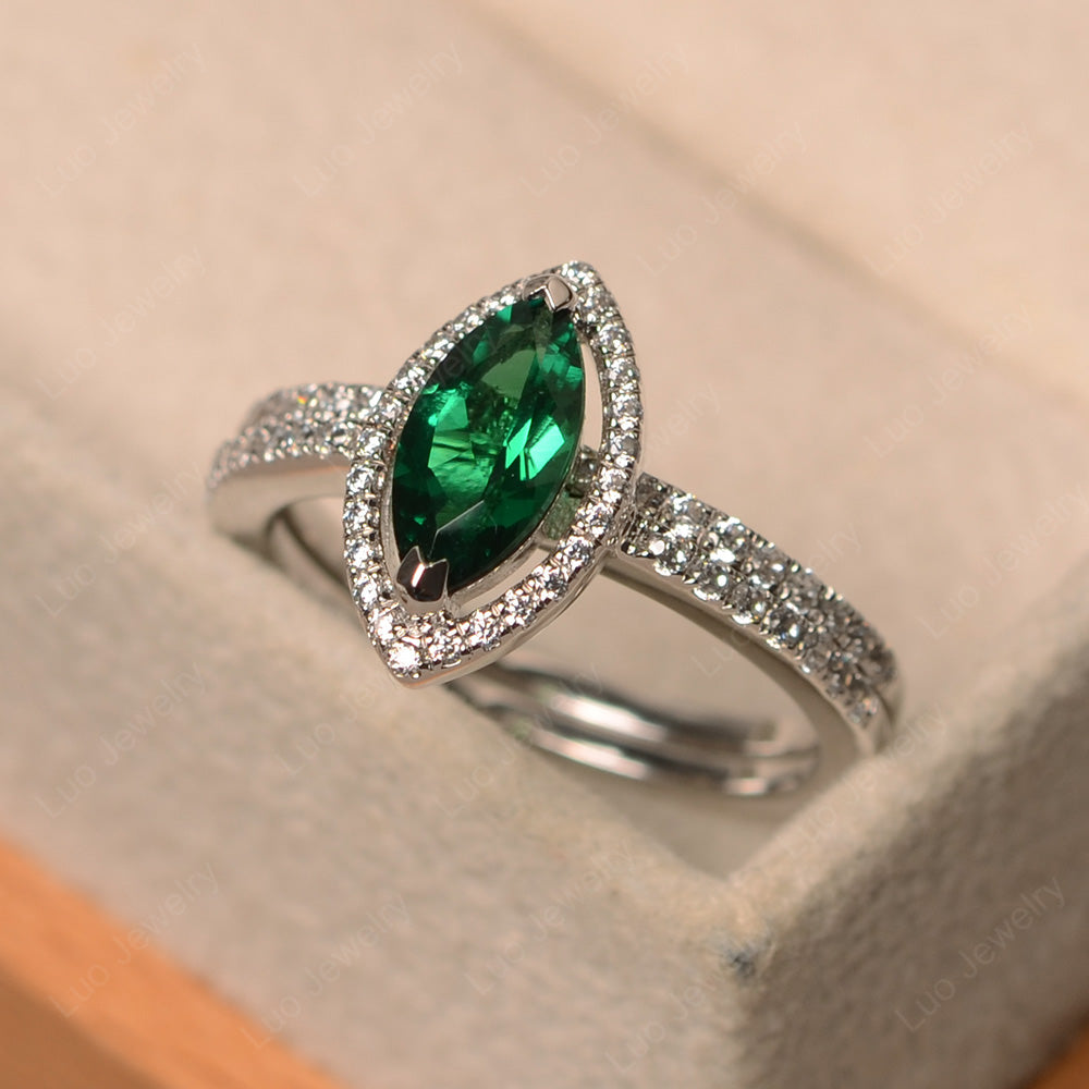 Marquise Cut Lab Emerald Ring Halo Bridal Set Ring - LUO Jewelry