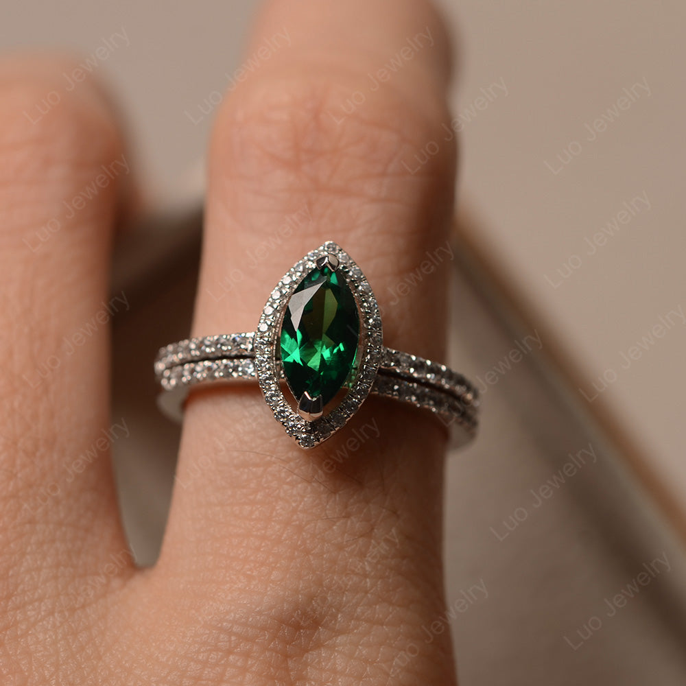 Marquise Cut Lab Emerald Ring Halo Bridal Set Ring - LUO Jewelry