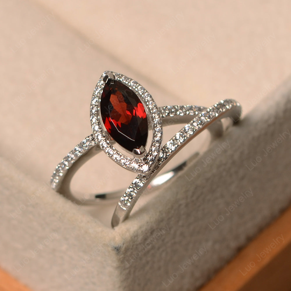 Marquise Cut Garnet Ring Halo Bridal Set Ring - LUO Jewelry