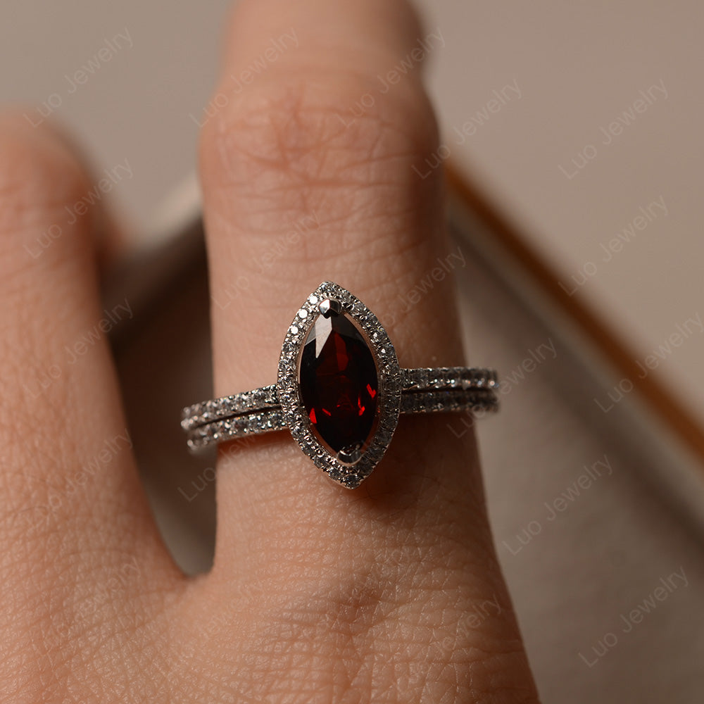 Marquise Cut Garnet Ring Halo Bridal Set Ring - LUO Jewelry