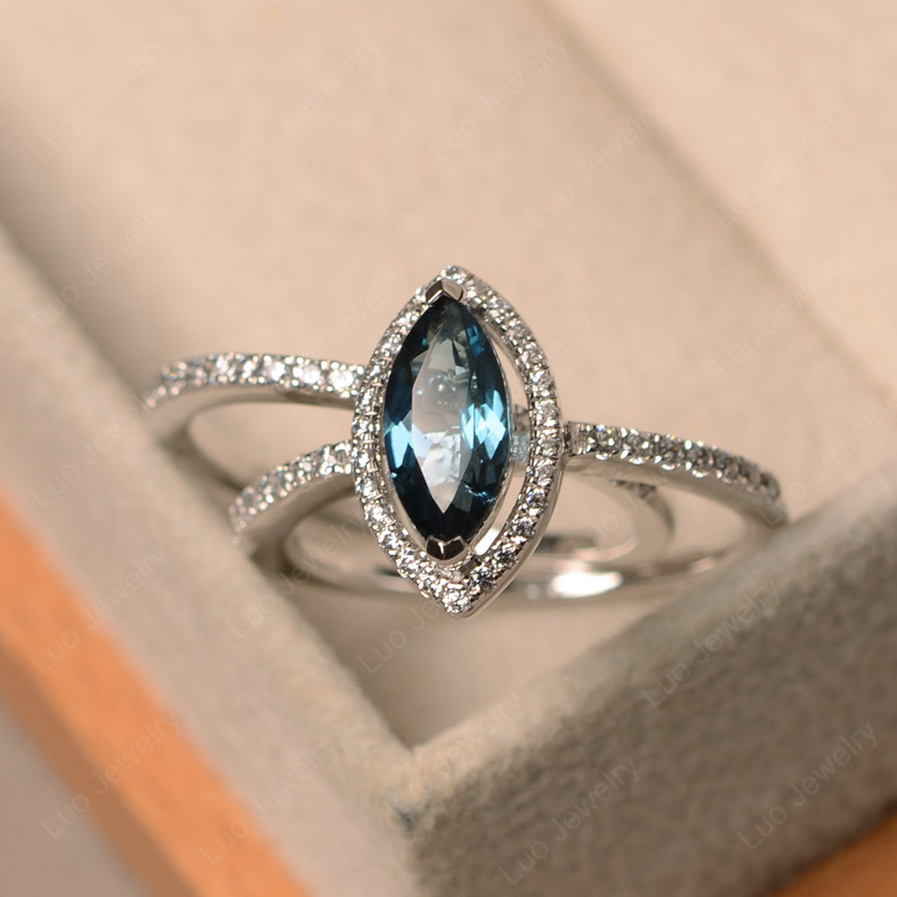 Marquise Cut London Blue Topaz Ring Halo Bridal Set Ring - LUO Jewelry