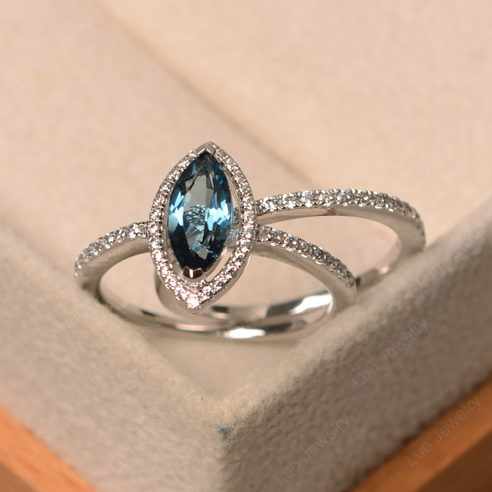Marquise Cut London Blue Topaz Ring Halo Bridal Set Ring - LUO Jewelry