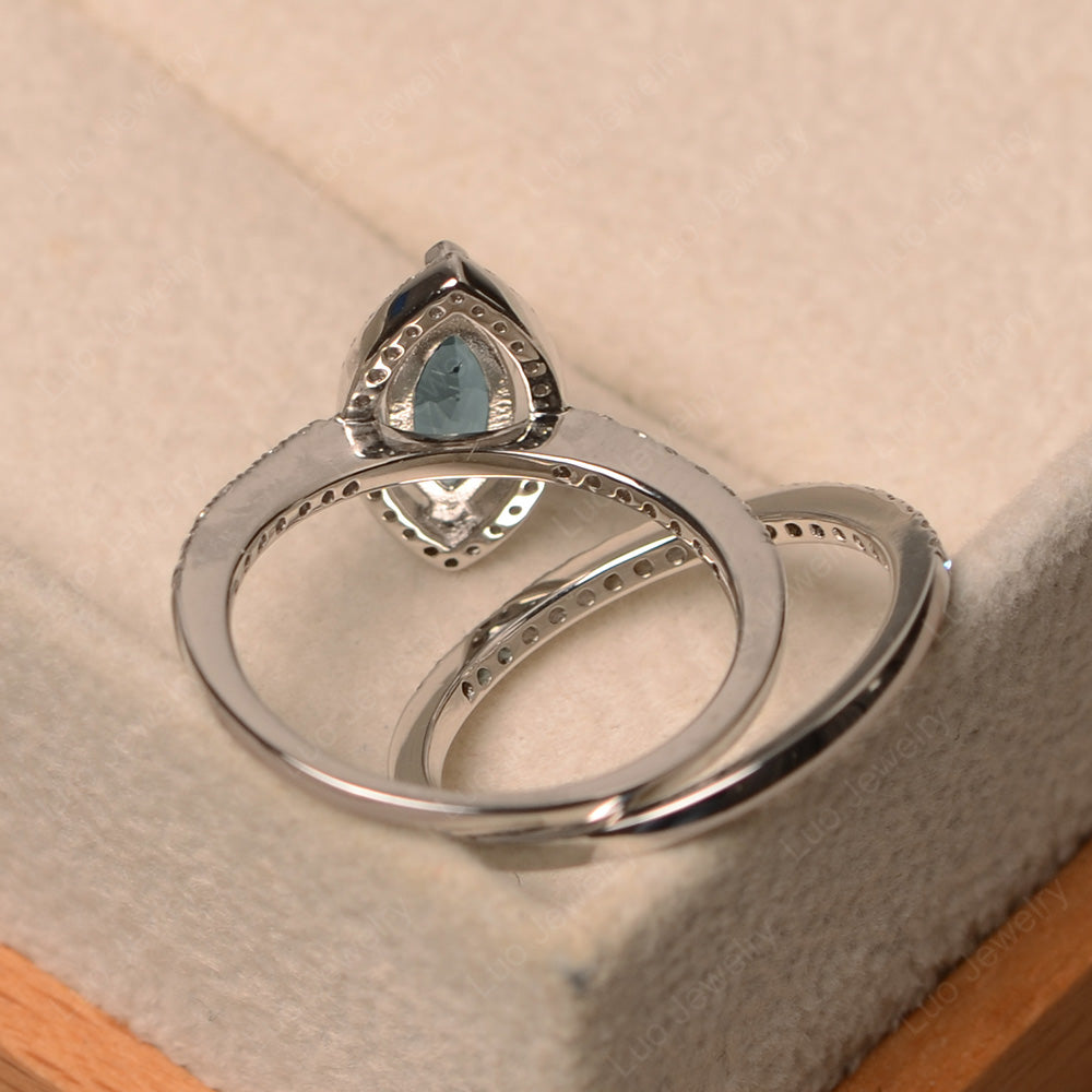 Marquise Cut London Blue Topaz Ring Halo Bridal Set Ring - LUO Jewelry
