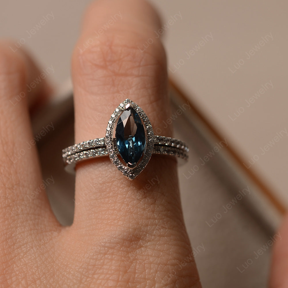 Marquise Cut London Blue Topaz Ring Halo Bridal Set Ring - LUO Jewelry