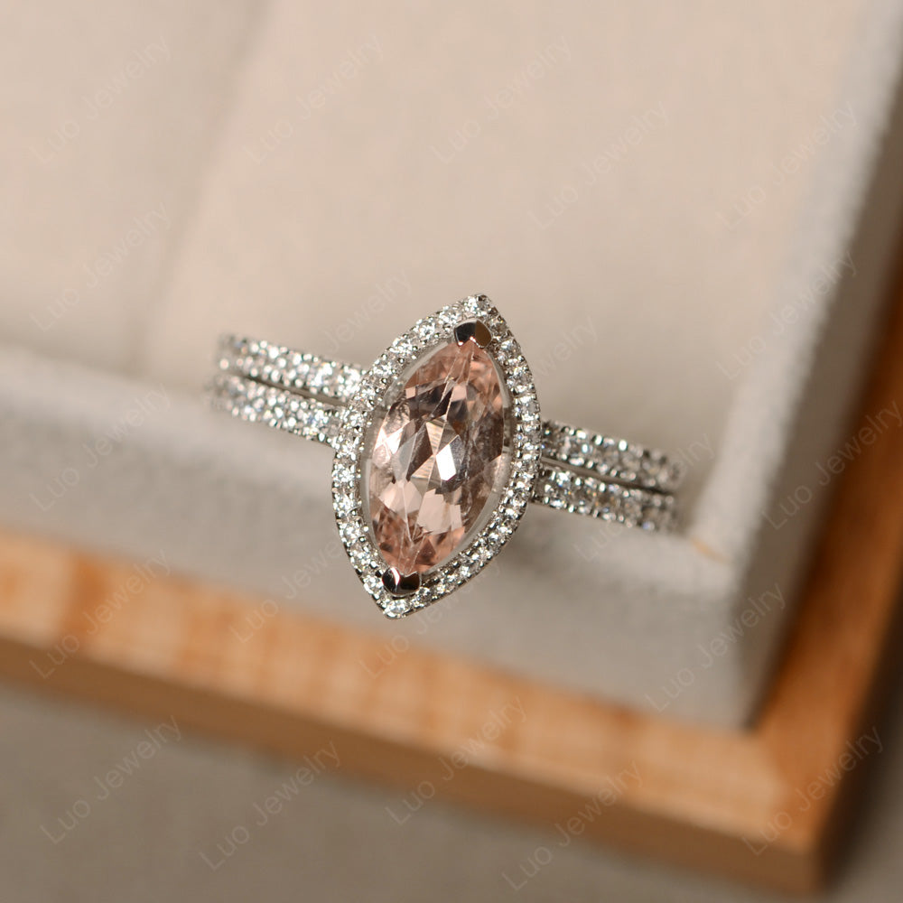 Marquise Cut Morganite Ring Halo Bridal Set Ring - LUO Jewelry