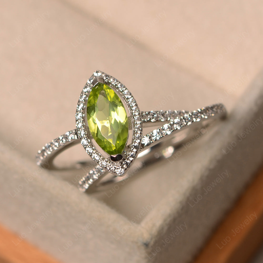 Marquise Cut Peridot Ring Halo Bridal Set Ring - LUO Jewelry