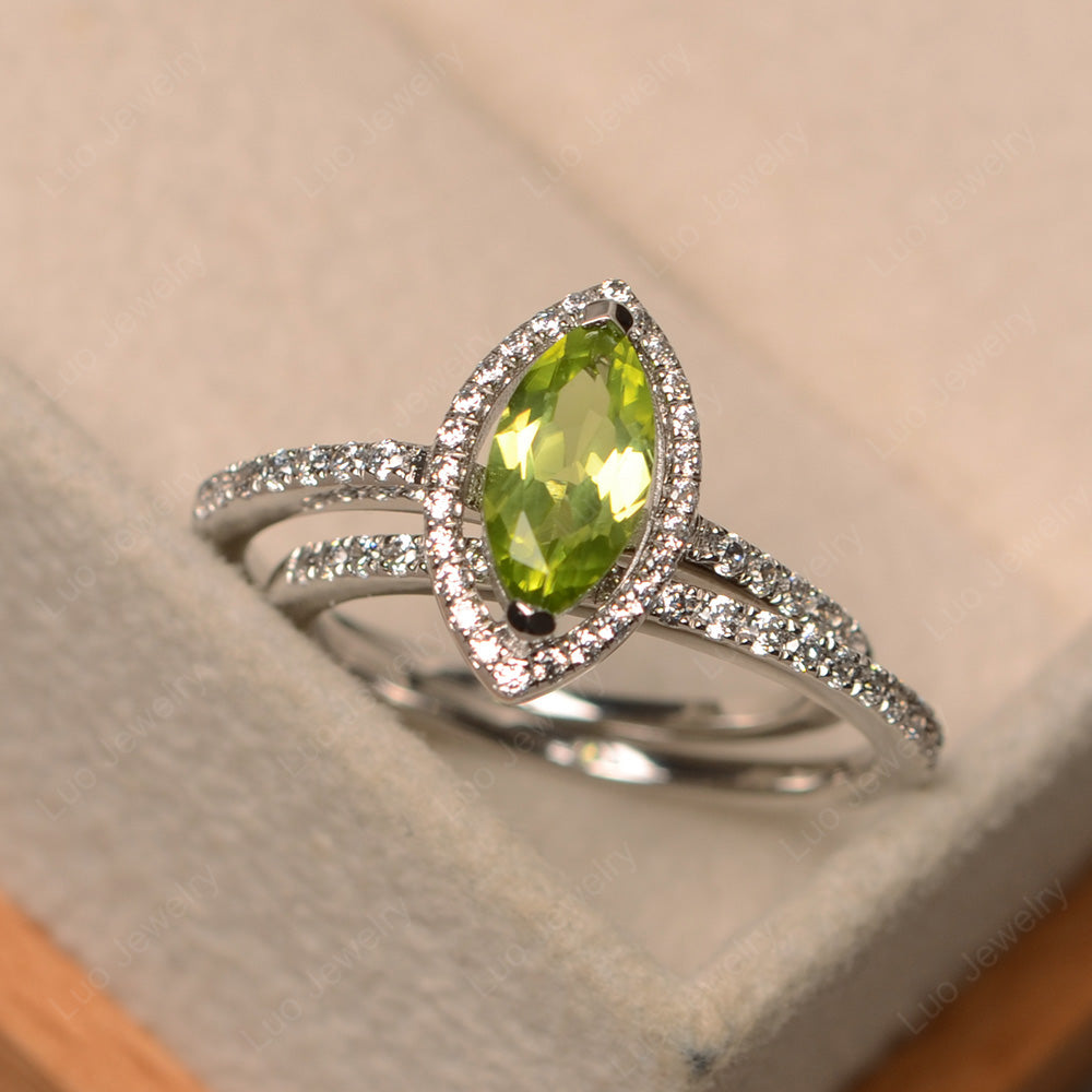 Marquise Cut Peridot Ring Halo Bridal Set Ring - LUO Jewelry