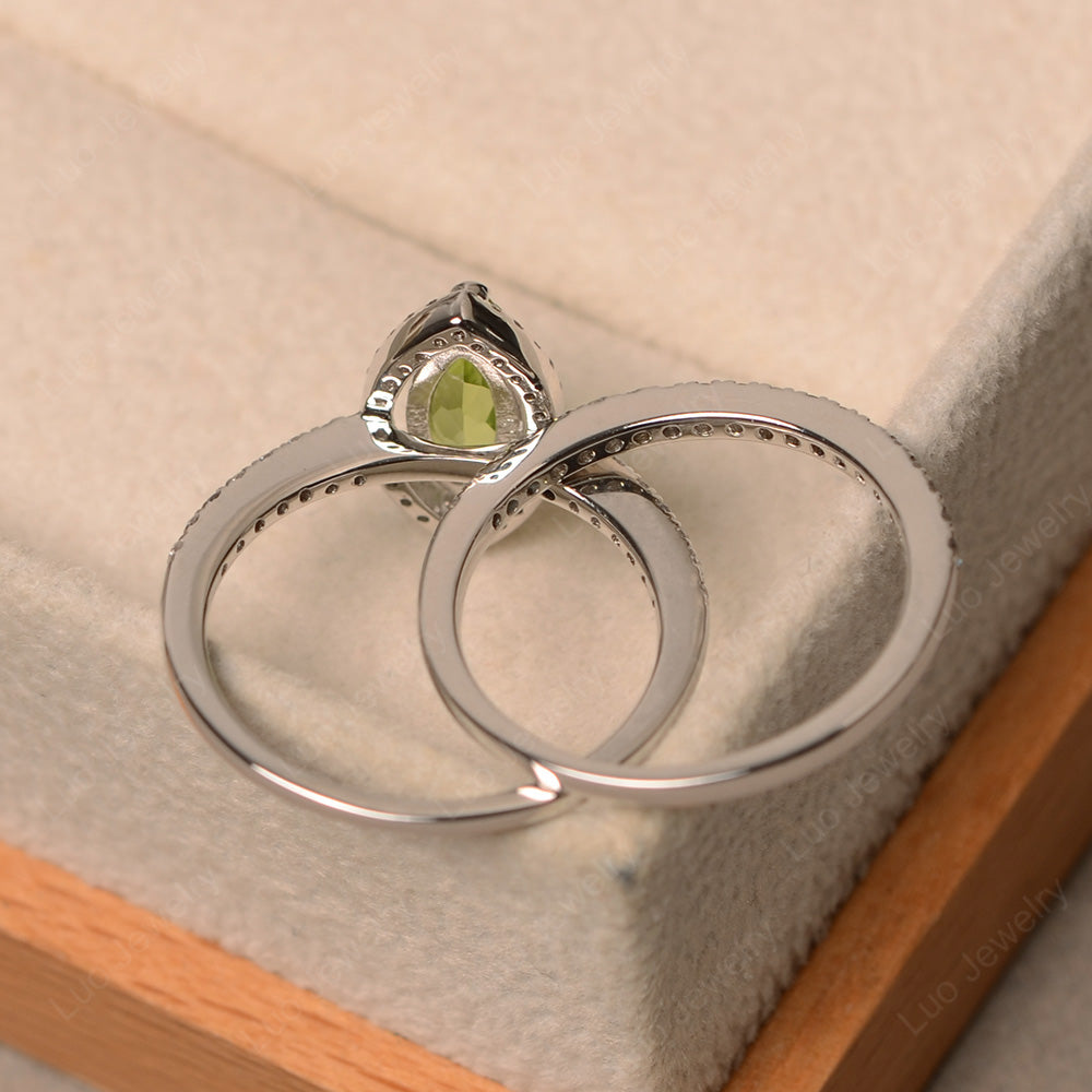 Marquise Cut Peridot Ring Halo Bridal Set Ring - LUO Jewelry