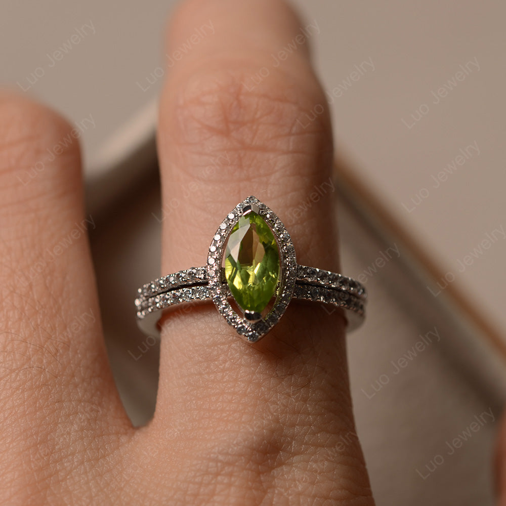 Marquise Cut Peridot Ring Halo Bridal Set Ring - LUO Jewelry