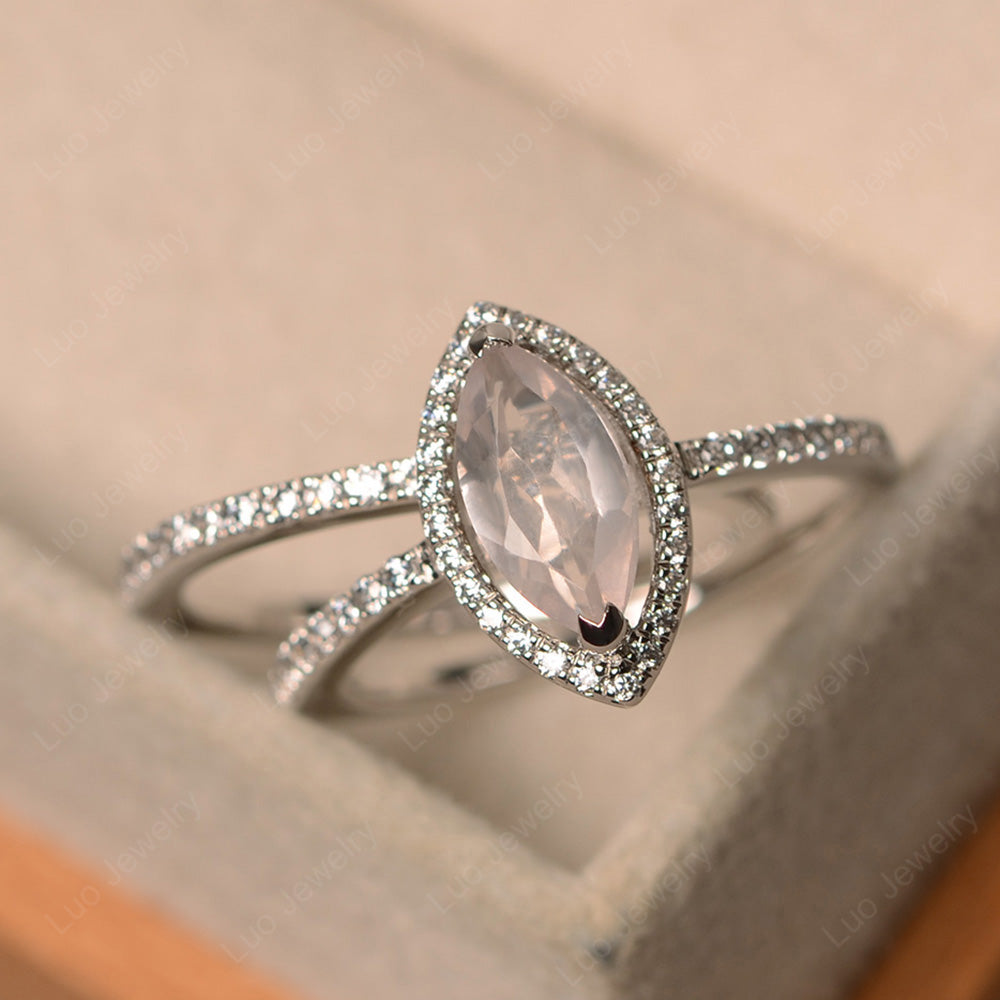 Marquise Cut Rose Quartz Ring Halo Bridal Set Ring - LUO Jewelry
