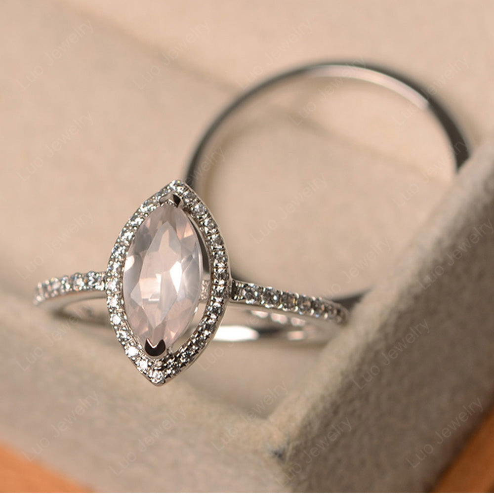 Marquise Cut Rose Quartz Ring Halo Bridal Set Ring - LUO Jewelry