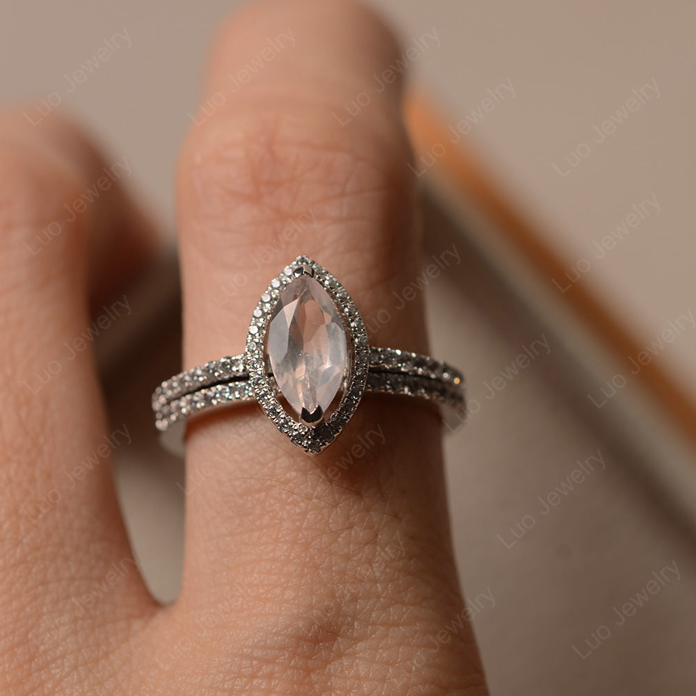 Marquise Cut Rose Quartz Ring Halo Bridal Set Ring - LUO Jewelry