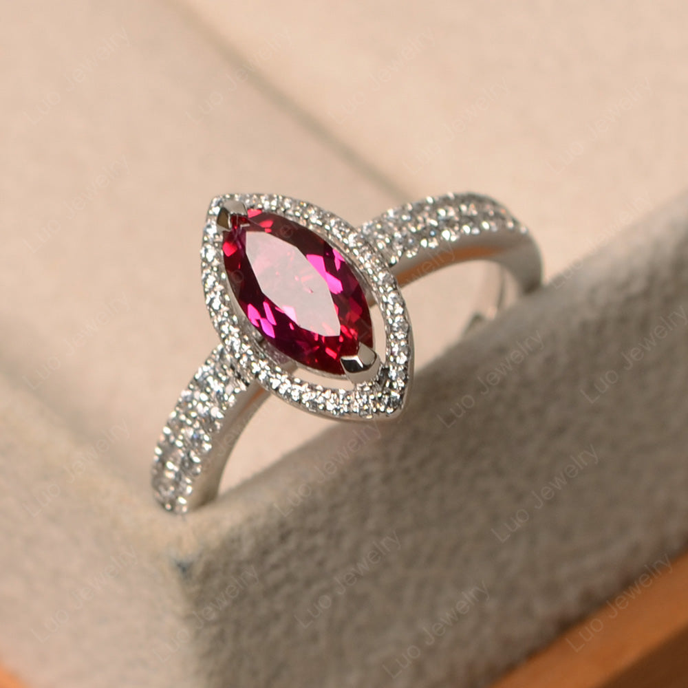 Marquise Cut Ruby Ring Halo Bridal Set Ring - LUO Jewelry