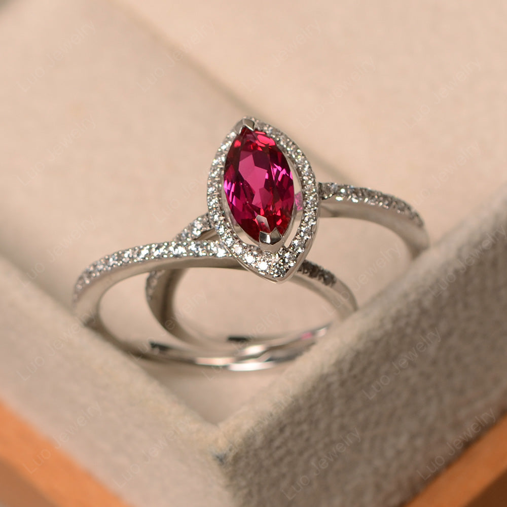 Marquise Cut Ruby Ring Halo Bridal Set Ring - LUO Jewelry