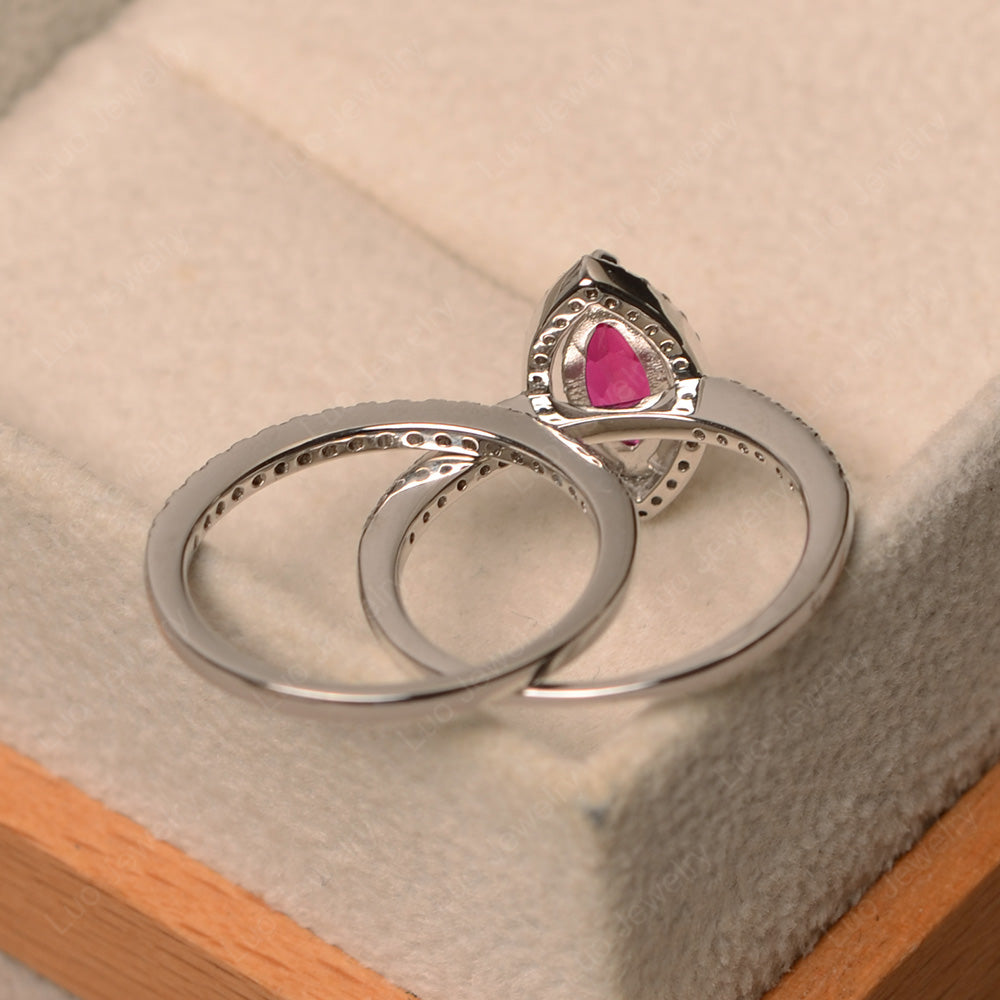 Marquise Cut Ruby Ring Halo Bridal Set Ring - LUO Jewelry