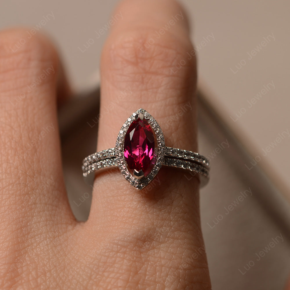 Marquise Cut Ruby Ring Halo Bridal Set Ring - LUO Jewelry