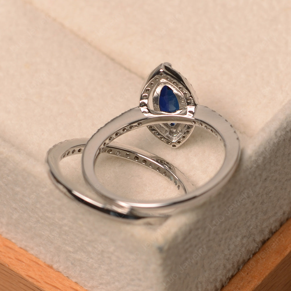 Marquise Cut Lab Sapphire Ring Halo Bridal Set Ring - LUO Jewelry